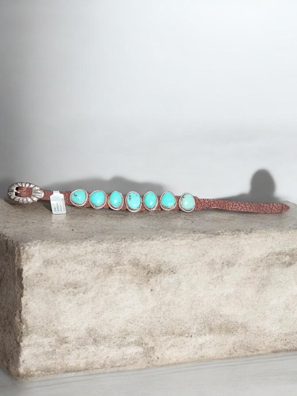 Turquoise Stone Leather Bracelet - Dan Morgan Navajo Handmade S/S KINGMAN